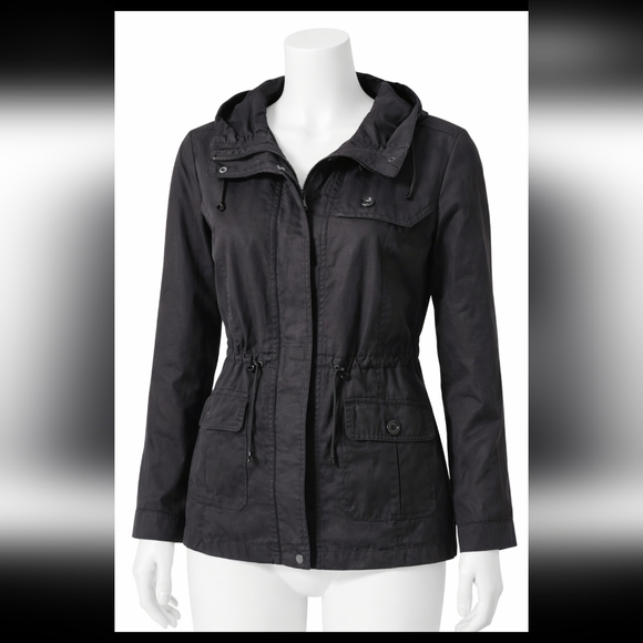 Utex Jackets & Blazers - Utex Black Hooded Utility Jacket with Drawstring Waist